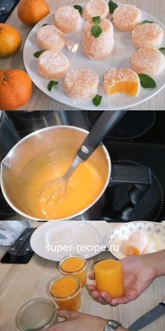 there are oranges and powdered sugar in the pan on the stove, and then being made into pastries