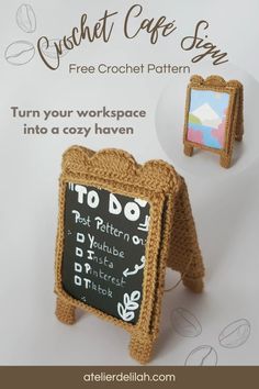 an advertisement for crochet cafe san featuring a small chalkboard