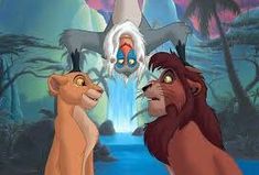 the lion and the mouse are facing each other in front of an image of a waterfall