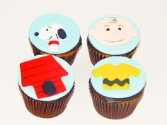 three cupcakes with different designs on them