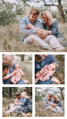 a man and woman are sitting in the grass with their baby