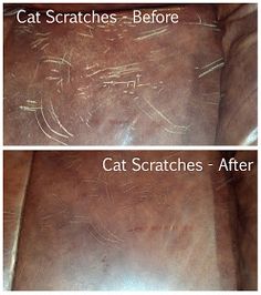 before and after photos of leather upholstering with cat scratchs on it