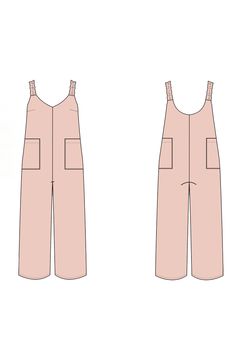 the front and back views of a pink jumpsuit with pockets on each side,