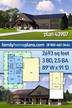 two story house plan with 3 beds, 2 baths and an open floor plan in the front