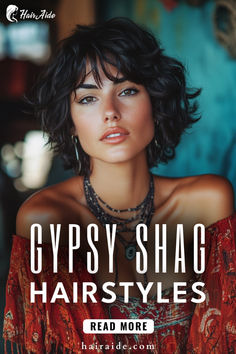 Shag Bob Curly Haircut, Bob With Bangs Curly Hair, Latina Shag Haircut, Short Shag With Long Bangs, Updos For Shag Haircut, Shag Hairstyles For Thick Hair, Rock And Roll Shag Haircut, Curly Shag With Curtain Bangs, Witch Hairstyles Short