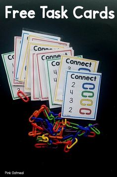 four cards with the words connect connect on them and some colored paper clips in front of them