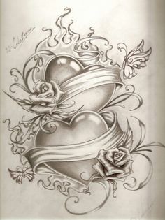 a drawing of two hearts with roses on the side and an arrow in the middle