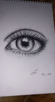 a pencil drawing of an eye with long lashes on it's side and the bottom part of its iris