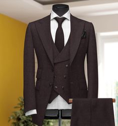 "Mens Tweed Suit  , men suits, men suits wedding, custom suits for men, suit for men, Business suit, slim fit suit, groom wear, sport suit, gift for men, brown suit, tweed suit, woollen suit COMPULSARY  PLEASE MEASURE YOUR CHEST AREA, CIRCUMFRENECE AROUND THE BROADEST PART OF CHEST AND WAIST AREA WHERE YOU NORMALLY WEAR YOUR TROUSER OR 4 FINGER BELOW THE BELLY BUTTON, AND PICK YOUR SIZE ACCORDINGLY  PLEASE PROVIDE YOUR HEIGHT AND WEIGHT IN THE PERSONALISATION BOX , WHILE PLACING THE ORDER PLEASE CHECK THE SIZE CHART BEFORE PLACING THE ORDER IN SIZE CHART , \"WAIST\" REFERS TO THE AREA WHERE YOU NORMALLY WEAR YOUR TROUSERS. This Elegant Fashion 3 piece suit With Matching Vest And Trousers for Men Is Perfect For every one Who Loves formal Suits. This Designer Suit will be Handcrafted Special Tailored Three-piece Suit For Groom In Winter, Tailored Three-piece Winter Suit For Groom, Winter Wedding Tailored Three-piece Suit For Groom, Dapper Fitted Winter Suits, Fitted Tweed Notch Lapel Jacket For Groom, Fitted Tweed Jacket With Notch Lapel For Groom, Winter Three-piece Suit For Groom, Fitted Brown Double Breasted Suit For Groom, Brown Wedding Tuxedo In Suiting Fabric