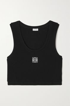 Loewe's tank is embroidered with the house's 'Anagram' motif. It's made from stretchy cotton-jersey that's ribbed for texture and has a cropped length. The back is paneled with cotton-poplin. Luxury Black Top, Loewe Tank Top, Loewe Outfit, Loewe Top, Designer Crop Top, Crop Tops Black, Poplin Skirt, Loewe Anagram, Chic Summer Style