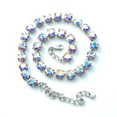 "Made with the Finest Austrian Crystals. A Classy Necklace With the Finest 8.5mm Aurora Borealis Crystals, shown in a Rhodium setting. (other settings available) Matching bracelet also available at Checkout. The Aurora Borealis Crystal is HIGHLY IRIDESCENT, Showing a RAINBOW of Colors within each Crystal! Beautiful!! Please note: The 8.5mm Necklace measures 14 1/2\" to 19 1/2\"with the extension chain. The 8.5mm Bracelet measures 6 1/2\" to 8\" with the extension chain. If you feel you need a sm Sabika Jewelry, Handmade Jewelry Findings, Classy Necklace, Feminine Necklace, Swarovski Crystal Jewelry, Aurora Borealis Crystal, Rainbow Jewelry, Fun Jewelry, Swarovski Crystal Necklace