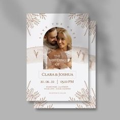 a wedding card with an image of two people on it and the words, the wedding of clara and joshua