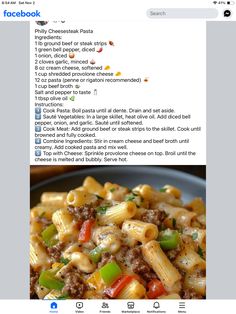 an image of a plate of pasta with meat and vegetables in it on the facebook page