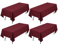 four red tablecloths with metal legs are shown in three different positions on a white background