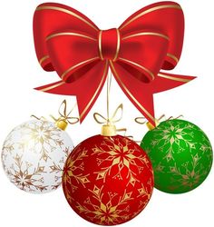 three christmas balls with bows and ribbons hanging from the top, on a white background