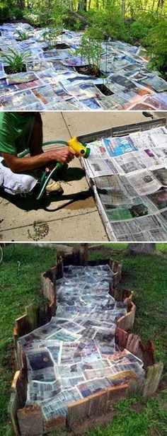 two pictures of a man laying on the ground in front of newspapers and plants