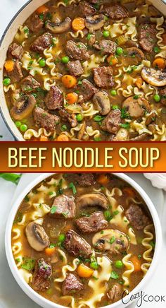 Beef Noodle Soup with chunks of beef, mushrooms, noodles, and vegetables