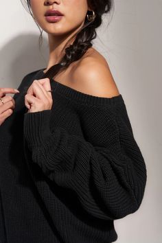 The Off Shoulder - Black – Callahan Cozy Oversized Cropped Sweater With Ribbed Neckline, Oversized Cropped Sweater With Ribbed Neckline, Oversized Cozy Cropped Sweater With Ribbed Neckline, Oversized Knit Cropped Sweater With Ribbed Neckline, Oversized Chunky Knit Cotton Sweater, Oversized Chic Sweater With Ribbed Neckline, Slouchy Cotton Winter Sweater, Oversized Chunky Knit Top For Loungewear, Cotton Batwing Sleeve Sweater For Fall