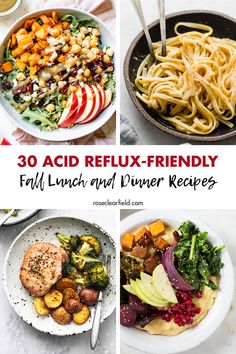 30 easy acid reflux-friendly lunch and dinner ideas, perfect for the fall season! Grain bowls, salads, sandwiches, pasta, fish, and much more. #acidreflux #acidrefluxfriendly #fallrecipes Acid Reflex, Dinner Ideas For Kids, Gerd Friendly Recipes, Gerd Friendly