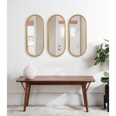 three mirrors are hanging on the wall above a wooden table with a vase and potted plant