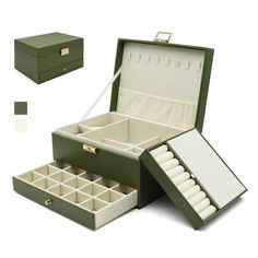 an open green box with compartments and dividers