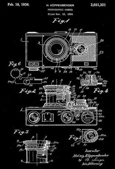 a black and white drawing of an old camera with the word's name on it