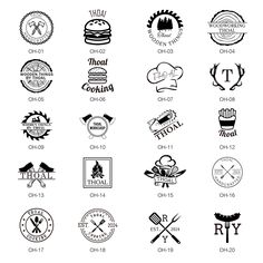 the logos for different types of food are shown in black and white on a white background