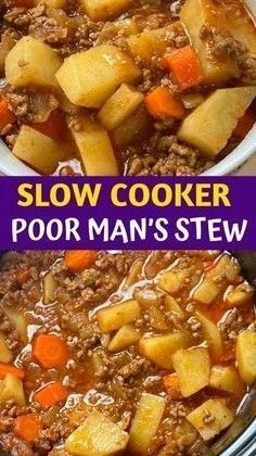 two pictures of slow cooker food with meat and potatoes in it, one is cooked and the other has stew