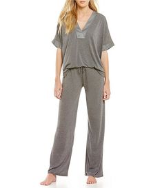 N by Natori Congo Jersey Coordinating Pajama Set | Dillard's V-neck Top With Elastic Waistband For Loungewear, Spring Lounging Sets With V-neck, Spring Lounging V-neck Sets, Casual V-neck Sets For Pajama Party, Casual V-neck Pajama Party Set, Casual V-neck Lounge Sets, Relaxed Fit V-neck Loungewear Set, Jersey Pajamas, Trousers Women Outfit