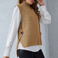 Season:Winter,Fall; Fabric:Acrylic; Sleeve Length:Sleeveless; Look After Me:Machine wash; Gender:Women's; Style:Casual,Basic,Stylish; Elasticity:Micro-elastic; Occasion:Home,Going out,Daily; Sweaters Type:Sweater Vest; Fit Type:Regular Fit; Pattern:Solid Color; Design:Thin,Button,Knitted; Neckline:Turtleneck; Front page:FF; Production mode:External procurement; Bust:; Length:; Shoulder Width:; Fit US Size:null; Fit UK Size:null; Fit EU Size:null; Knit Style:Ribbed Sleeveless Sweater Cardigan, Cozy Womens Sweaters, Sleeveless Sweater Vest, Knitted Vest, Sleeveless Cardigan, Detailed Sweater, Vest Fashion, Solid Clothes, Knitting Women