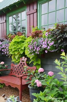 a red bench sitting in front of a window filled with potted plants and flowers