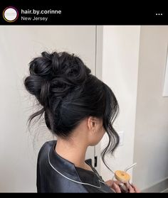 Wedding Updos Dark Hair, Black Hair Bridal Updo, Prom Hairstyles Asian Hair, Messy High Updo Wedding, Prom Hairstyles High Bun, Prom Bun Hairstyles High, Black Hair Bridal Hairstyles, Updo Hairstyles Black Hair, Messy Updos For Medium Length Hair