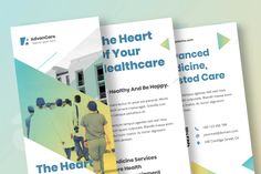 three brochures for healthcare services on a blue and green background with the words, the heart of your healthcare, health and be merry