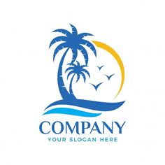 palm trees and seagulls on the beach with waves logo design template for your company