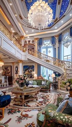 a large living room filled with furniture and chandelier hanging from the skylight