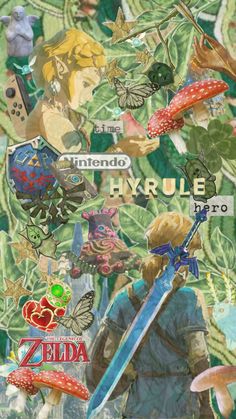 the legend of zelda collaged with images of plants, mushrooms and other things