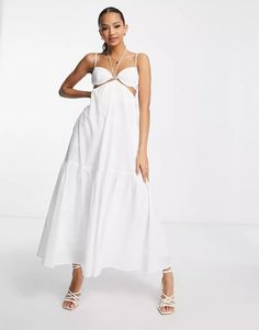 Bardot cut-out flowing midaxi dress in ivory | ASOS Spring Maxi Dress With Cutout And Spaghetti Straps, Cutout Spaghetti Strap Dress For Brunch, Cutout Dresses With Spaghetti Straps For Brunch, Spaghetti Strap Cutout Dress For Brunch, Spring Midi Dress With Spaghetti Straps And Cutout, White Spaghetti Strap Dress With Tie Back, White Backless Midi Dress For Spring, White Maxi Dress With Spaghetti Straps For Day Out, White Strappy Dress For Brunch