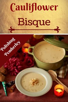 a bowl of soup is sitting on a table with candles and flowers in the background