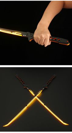 two images of the same person holding a knife in one hand and another with a light saber in the other