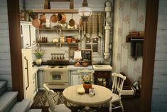 an image of a small kitchen with pots and pans on the shelves above the stove