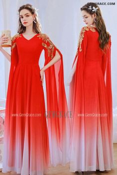 10% off now|Free shipping world-wide. Ombre Chiffon Flowing Long Sleeves Party Dress With Gold Sequin at GemGrace. Click to learn our pro custom-made service for wedding dress, formal dress. View #SpecialOccasionDresses for more ideas. Fitted Red Chiffon Dress For Banquet, Red V-neck Chiffon Wedding Dress, Red Fitted Chiffon Dress For Banquet, Flowy Long Sleeve Evening Dress For Party, Chiffon Long Sleeve Gown For Banquet, Long Sleeve Chiffon Gown For Banquet, Long Chiffon Dress For Formal Occasions, Festive V-neck Banquet Dress, V-neck Chiffon Gown For Banquet