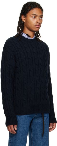 Cable knit alpaca- and yak-blend sweater. Rib knit crewneck, hem, and cuffs. Supplier color: Dark navy Knit Alpaca, Knit Crewneck, Dark Navy, Cable Knit, Alpaca, The Row, Rib Knit, Apparel Accessories, Shirts Tops