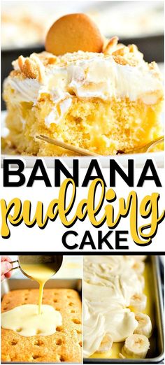 banana pudding cake is being drizzled with icing