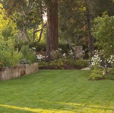 a lush green lawn surrounded by trees and flowers