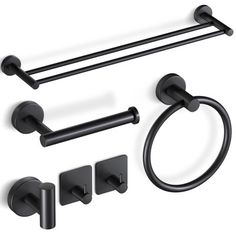 black bathroom accessories set with towel bar, toilet paper holder and two ring handles on white background