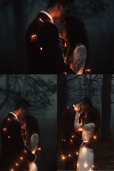 a man and woman standing next to each other in the woods with fairy lights on them