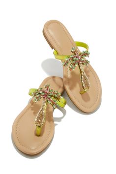 Miss Lola | Hot Summer Nights Green Embellished Slip On Sandals – MISS LOLA Open Toe Tropical Sandals For Spring, Tropical Open Toe Sandals For Spring, Green Round Toe Sandals For Vacation, Green Open Toe Flip Flops For Beach Season, Green Sandals For Beach Season, Green Toe Post Flip Flops For Beach, Green Flip Flops For Spring Vacation, Green Open Toe Flip Flops For Beach, Green Open Toe Flip Flops For Vacation