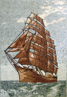 a mosaic painting of a sailboat in the ocean