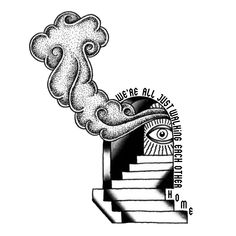 a drawing of stairs with an eye and clouds coming out of the top on it