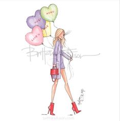 a drawing of a woman walking with balloons